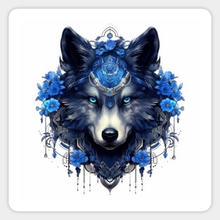 Wolfdog And Blue Roses Sticker